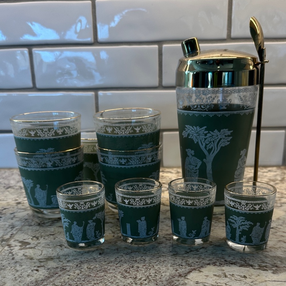 Vintage Ice Green Jeanette Jasperware Hellenic cocktail set